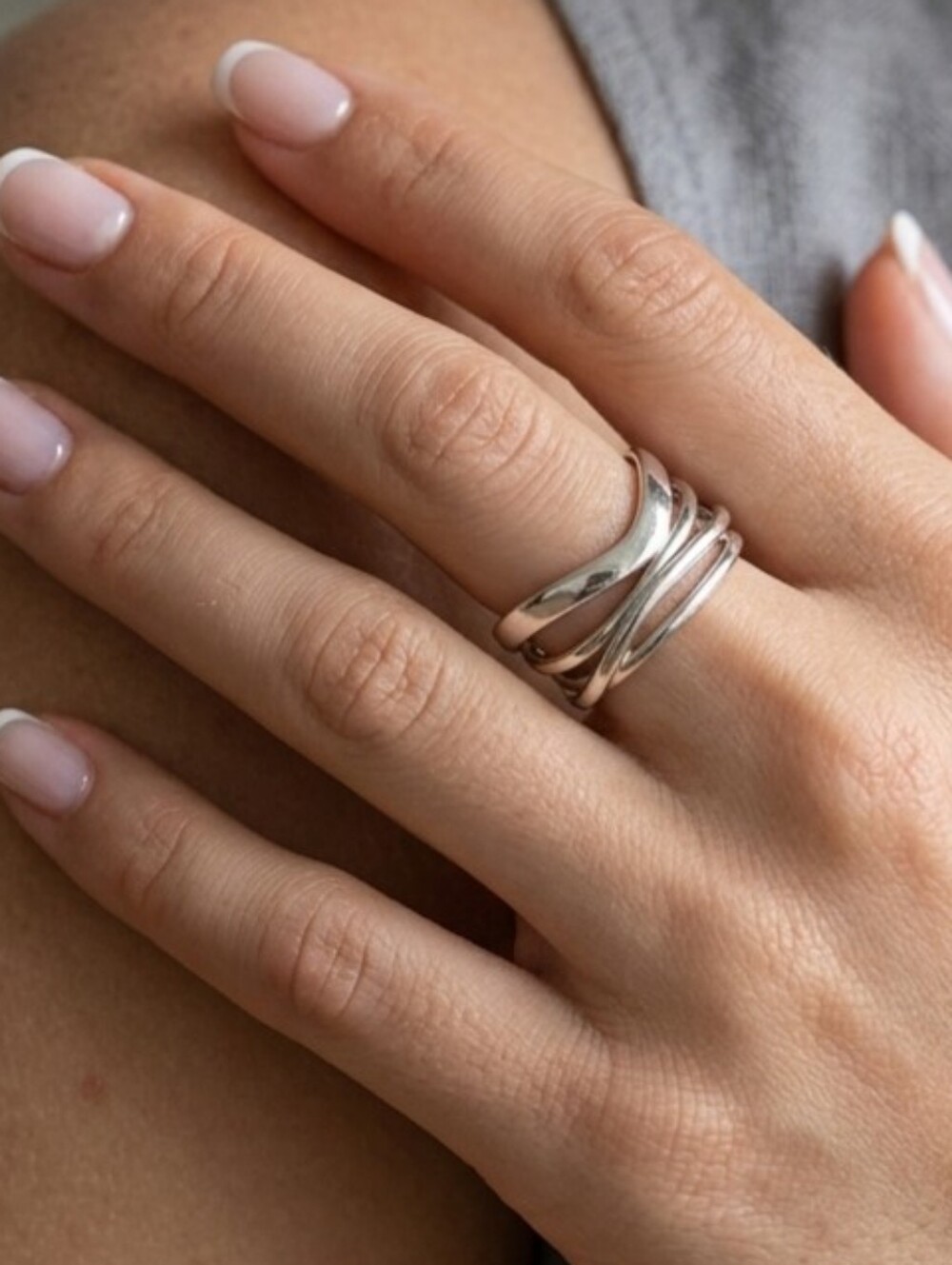 925 Sterling Silver Sculptural Crossover Wave Ring Layered Multi Band Adj 6-9